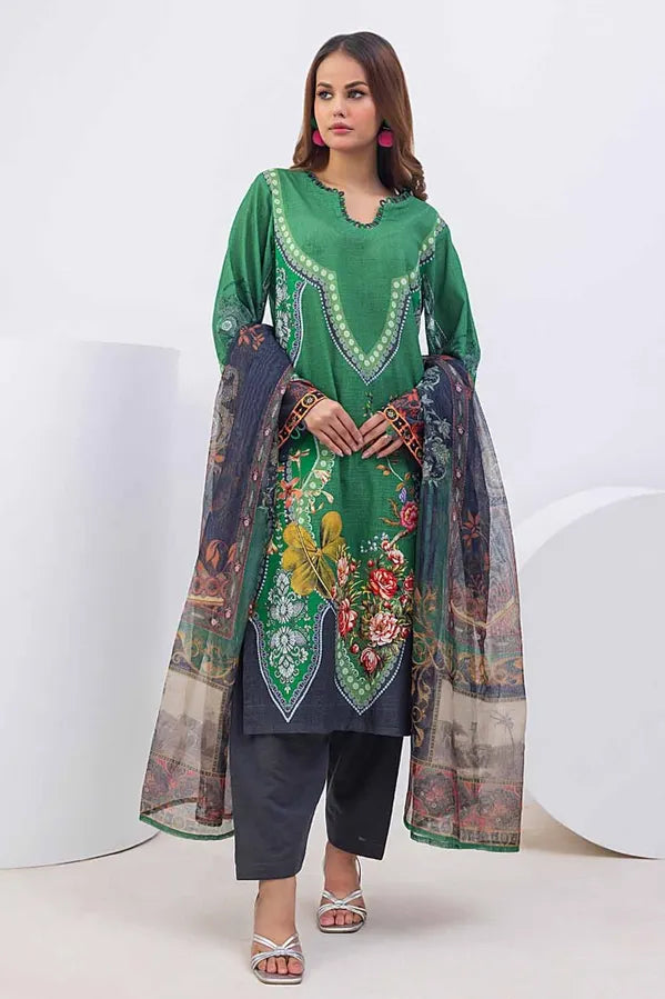 3 Piece Printed Khaddar Unstitched Suit with Net Dupatta WRF-32011