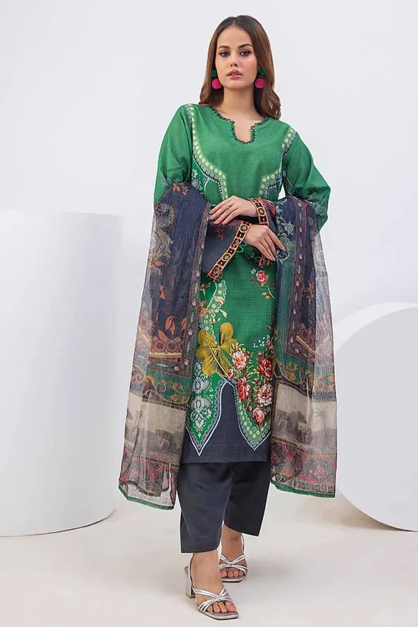 3 Piece Printed Khaddar Unstitched Suit with Net Dupatta WRF-32011
