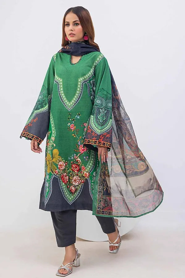 3 Piece Printed Khaddar Unstitched Suit with Net Dupatta WRF-32011