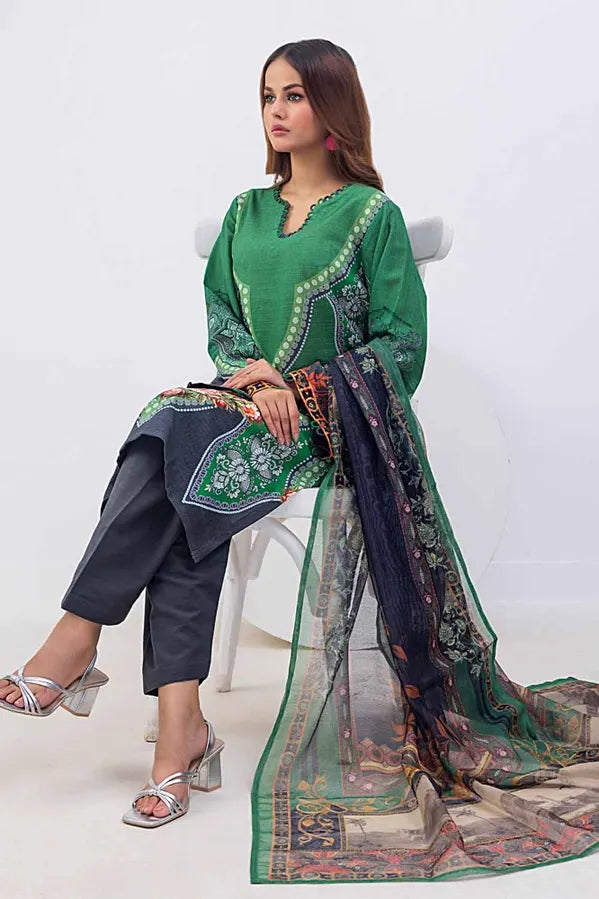 3 Piece Printed Khaddar Unstitched Suit with Net Dupatta WRF-32011